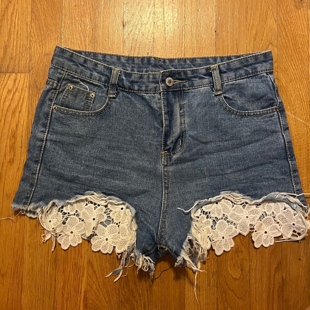 Hi Rise Jean Shorts with Floral Lace